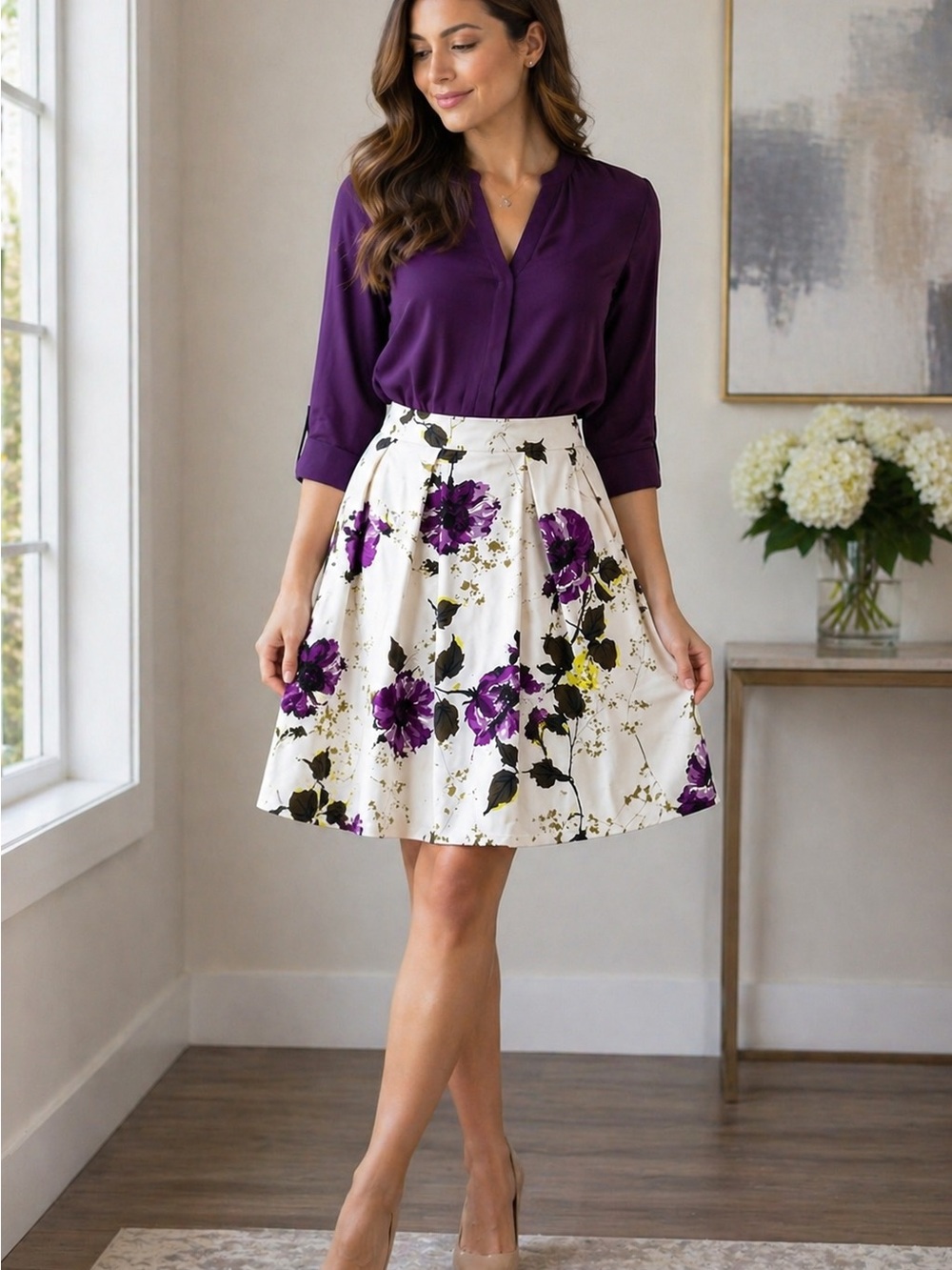 Banana Republic Floral Pleated A-Line Skirt White Purple Size 6